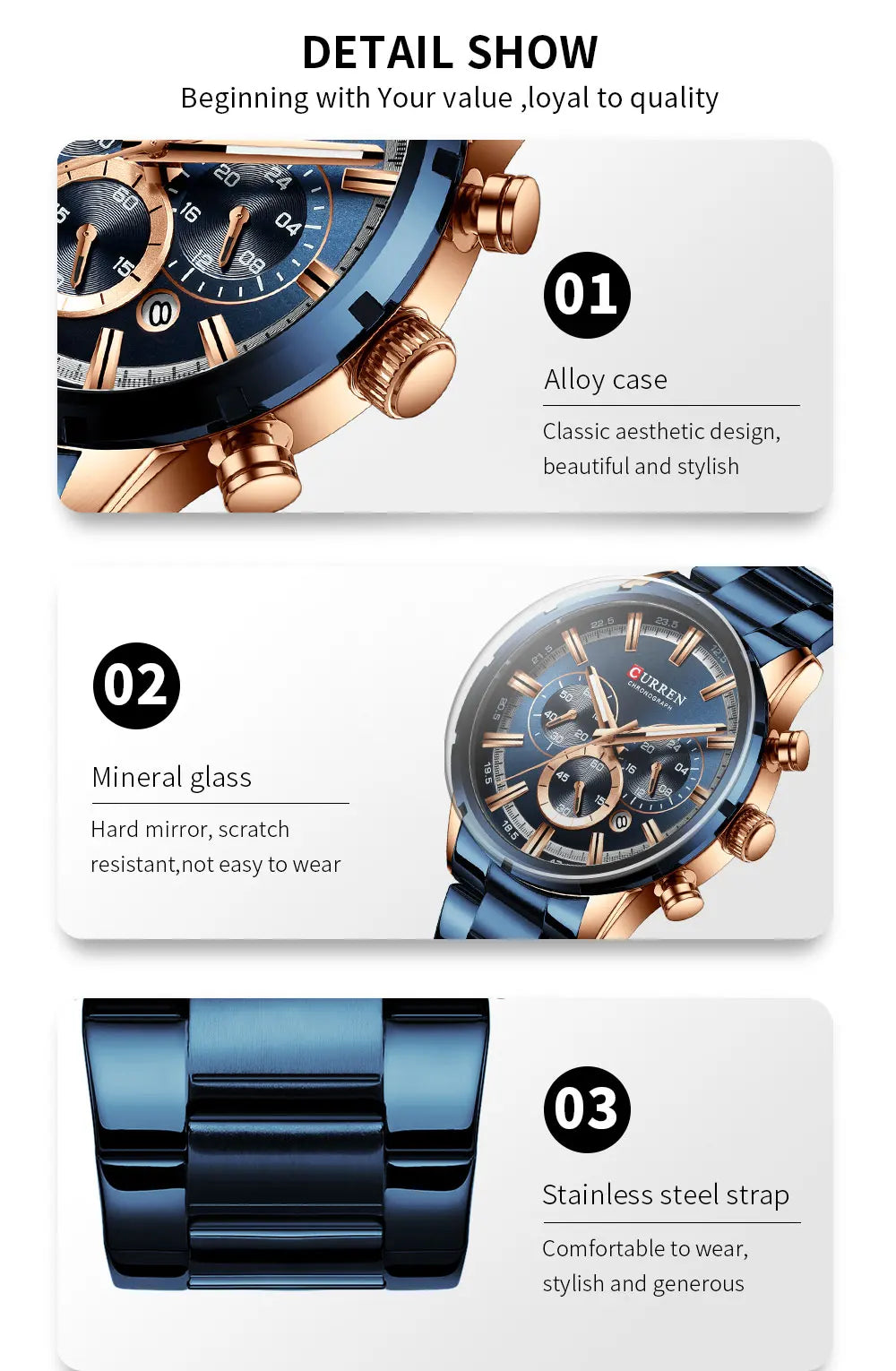 Men Quartz Watches Curren Stainless Steel Waterproof Men Wristwatches