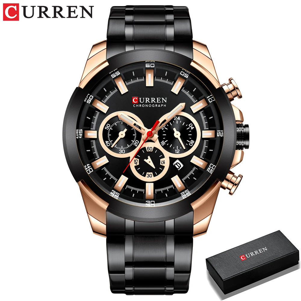 Men Quartz Watch CURREN Big Watch Quartz Wristwatches Chronograph Gold Design