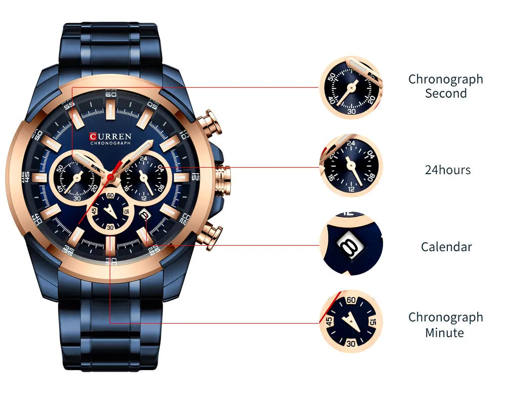 Men Quartz Watch CURREN Big Watch Quartz Wristwatches Chronograph Gold Design