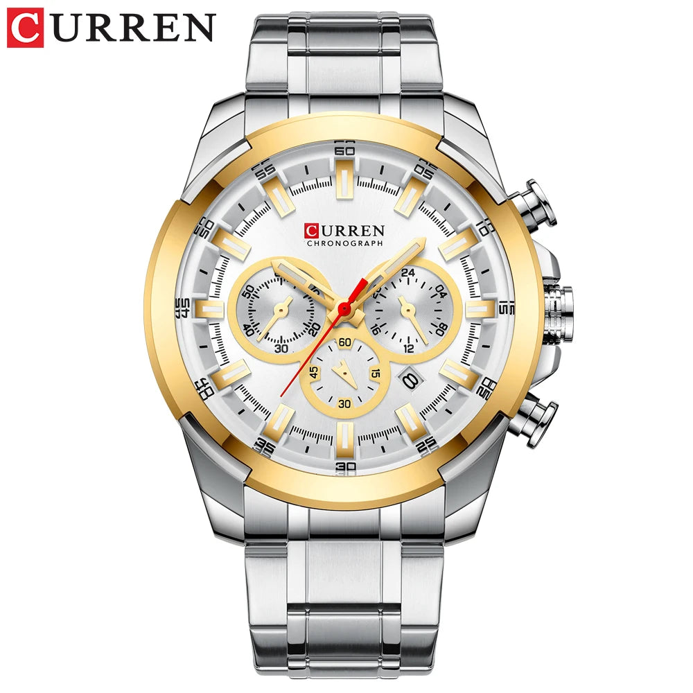 Men Quartz Watch CURREN Big Watch Quartz Wristwatches Chronograph Gold Design
