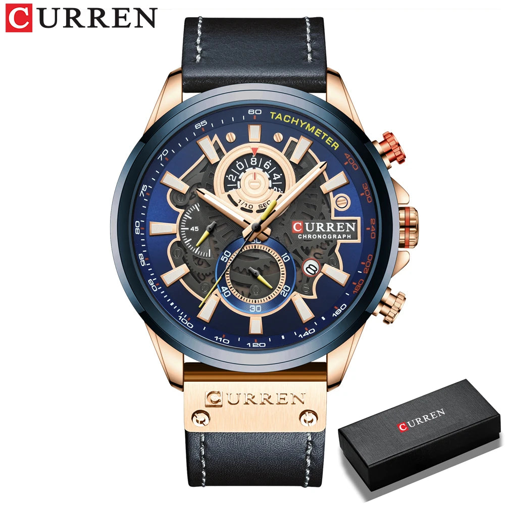 Men Watches CURREN Chronograph Genuine Leather Waterproof Wristwatches Relogio Masculino, Armbanduhren
