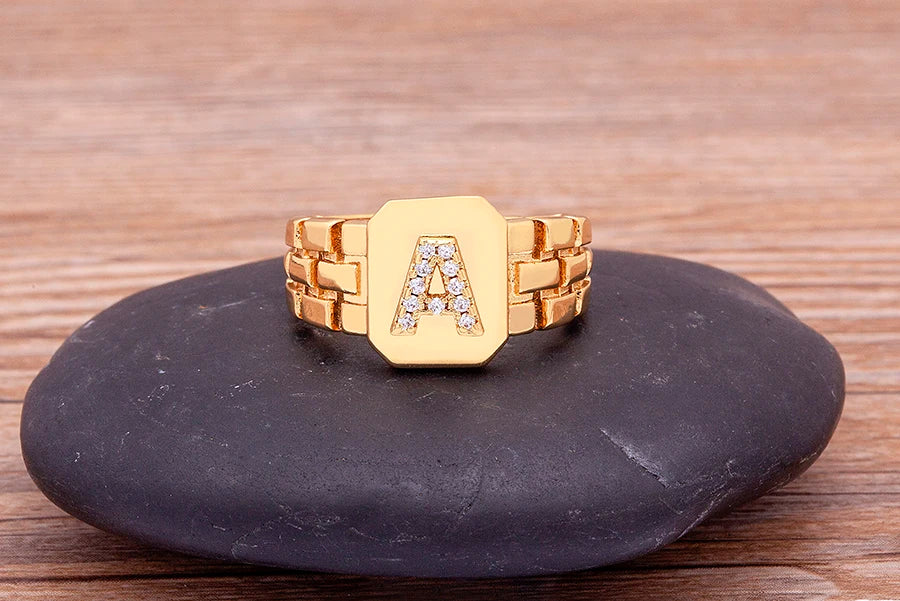 Gold Color Initial Ring Adjustable A-Z Letters Zircon Rings For Women