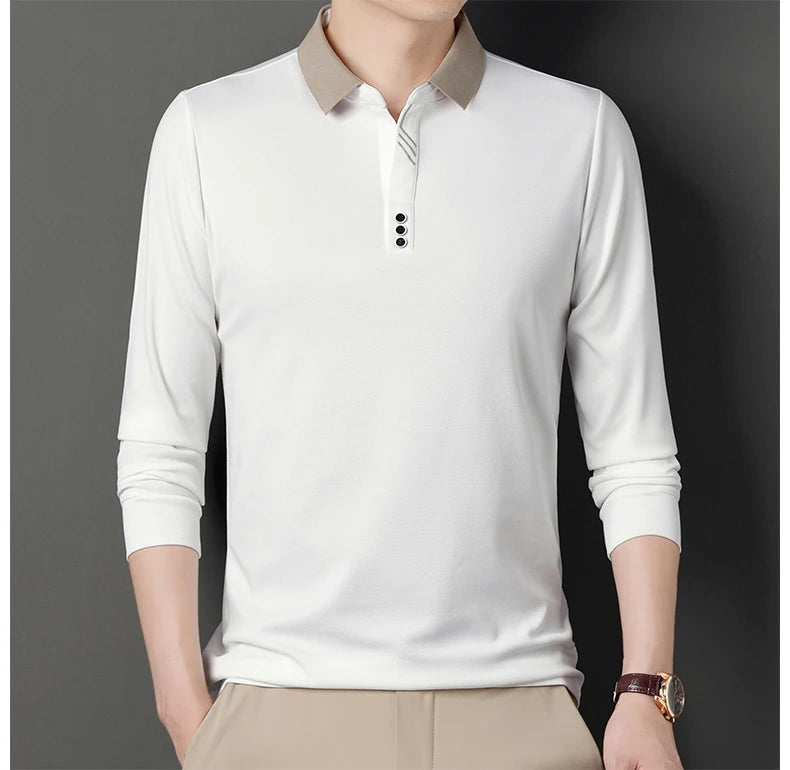 Men's Polo T-Shirt Casual Waffle Long Sleeve T-shirt Spring Autumn Elastic Lapel Base Shirt Top Brand Male Clothes