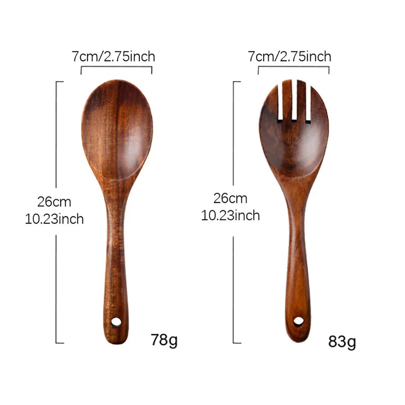 2Pcs Japanese style wooden large spoon and fork set with long handles, 26cm in length.