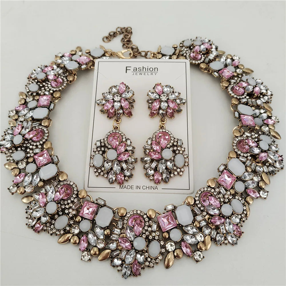 Crystal Rhinestones Necklace Earrings Bridal Jewelry Sets Big Choker Necklace