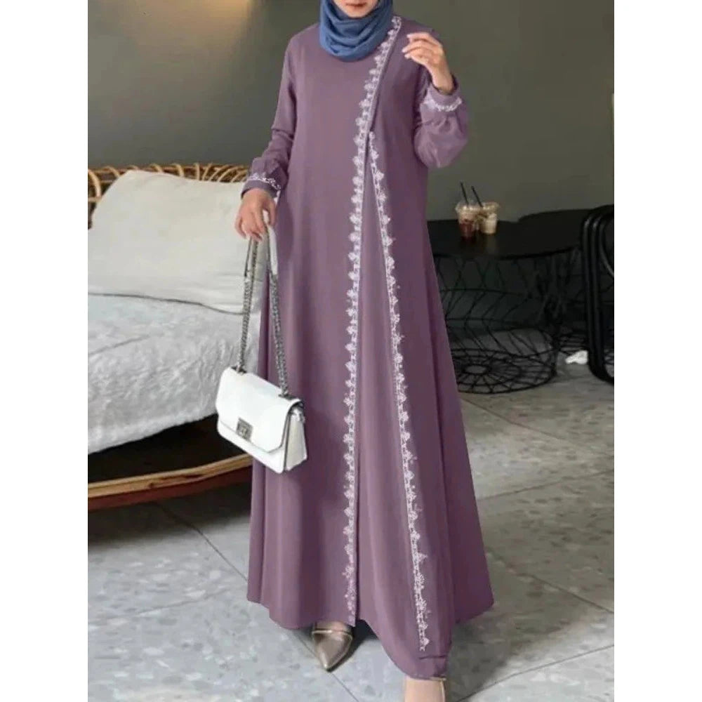 Abaya Muslim Fashion Long Sleeve O Neck Abaya Women Elegant Lace Patchwork Long Dresses