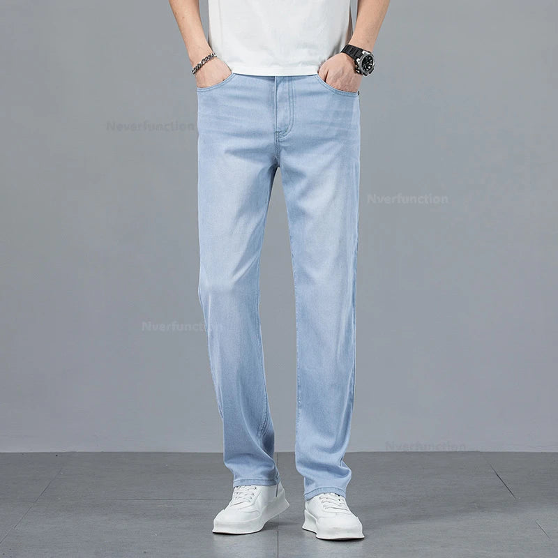 Men's Jean Pant Ultra-thin Light Blue Lyocell Fabric Breathable Loose Straight Business Casual Male Denim Trousers