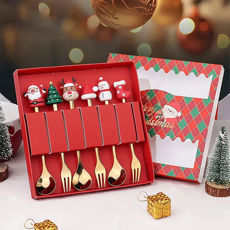 Christmas-themed stainless steel coffee spoons and forks set in red gift box.