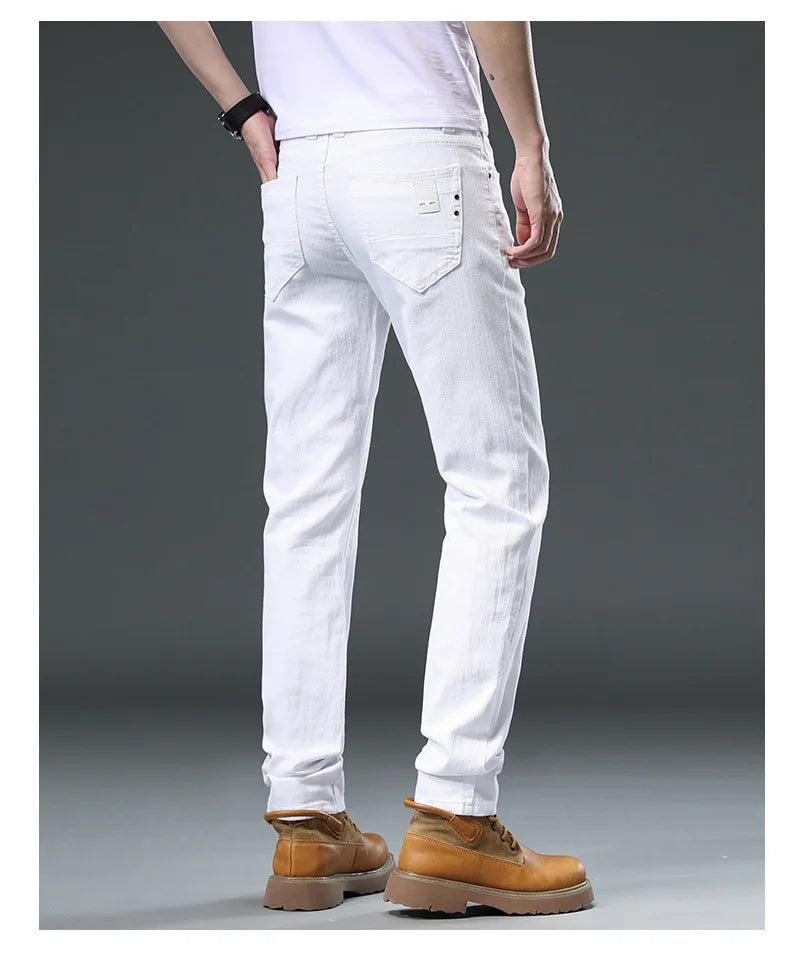 Men's Jean Slim Casual Jeans Pure White Stretch Straight Gentleman's Jeans Long Trousers Classic