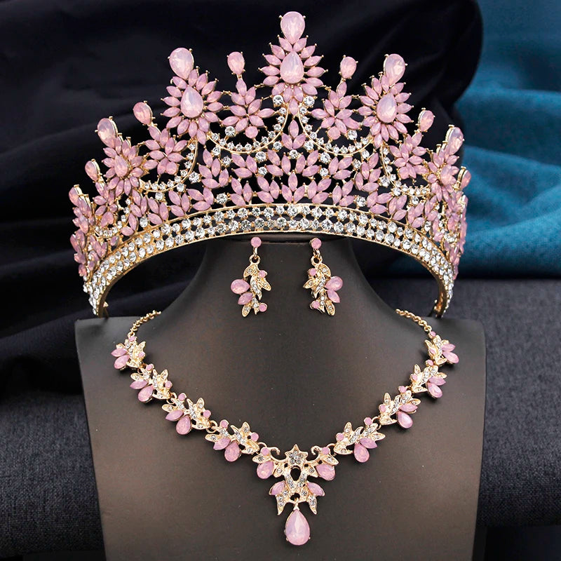 High Opal Pink Tiaras and necklace earrings Bridal Jewelry Sets or Crown Prom Birthday Costume