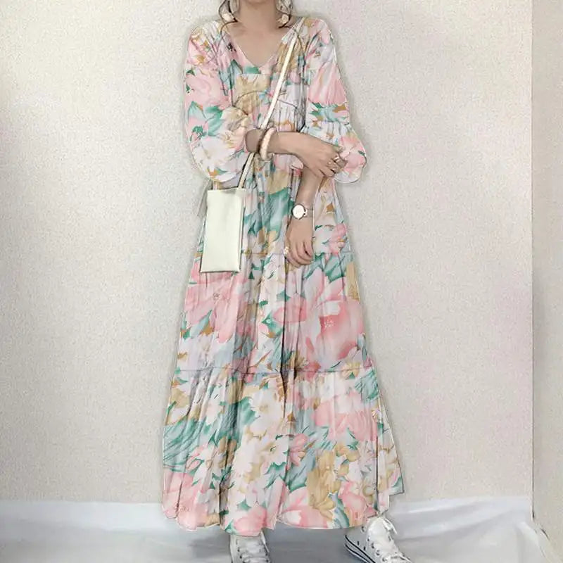 Women Long Causal Dress ZANZEA Fashion Floral Printed Autumn Long Sleeve Loose Holiday Sundress Robe