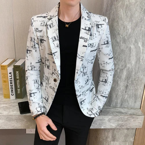 Men Blazer Spring Fashion High-quality Men Korean Version of The Printed Slim Formal Wedding Party Prom Suit Jacket