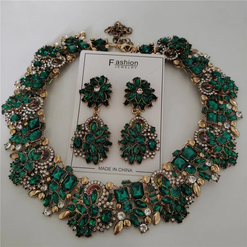 Crystal Rhinestones Necklace Earrings Bridal Jewelry Sets Big Choker Necklace