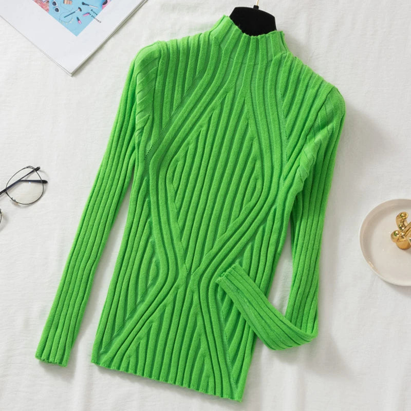 Women Pullover Knitted Sweater Half Turtleneck Jumper Sweater Autumn Winter Solid Slim Chic Streetwear Long Sleeve