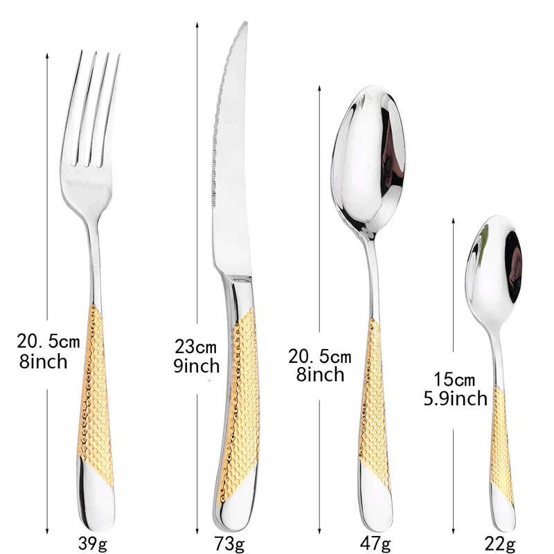 24-piece stainless steel tableware set featuring knives, forks, spoons; mirror finish; dishwasher safe; Western style.