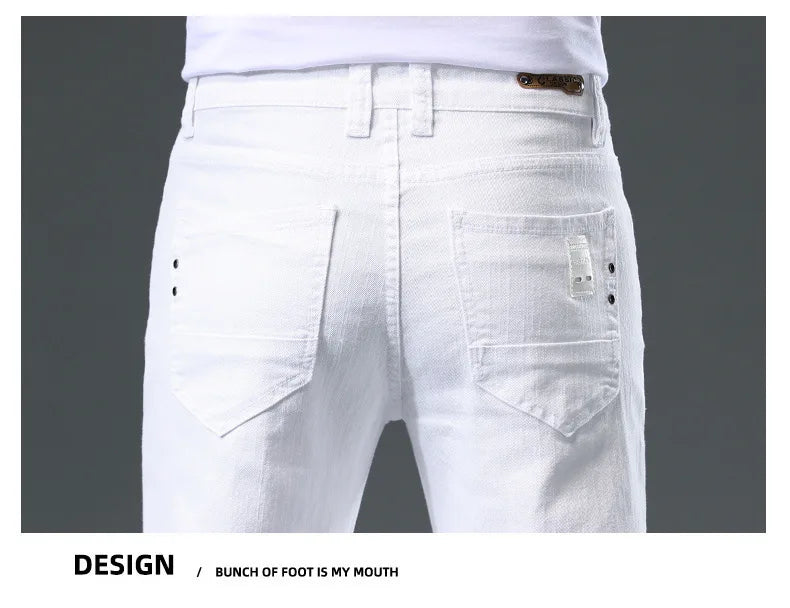 Men's Jean Slim Casual Jeans Pure White Stretch Straight Gentleman's Jeans Long Trousers Classic