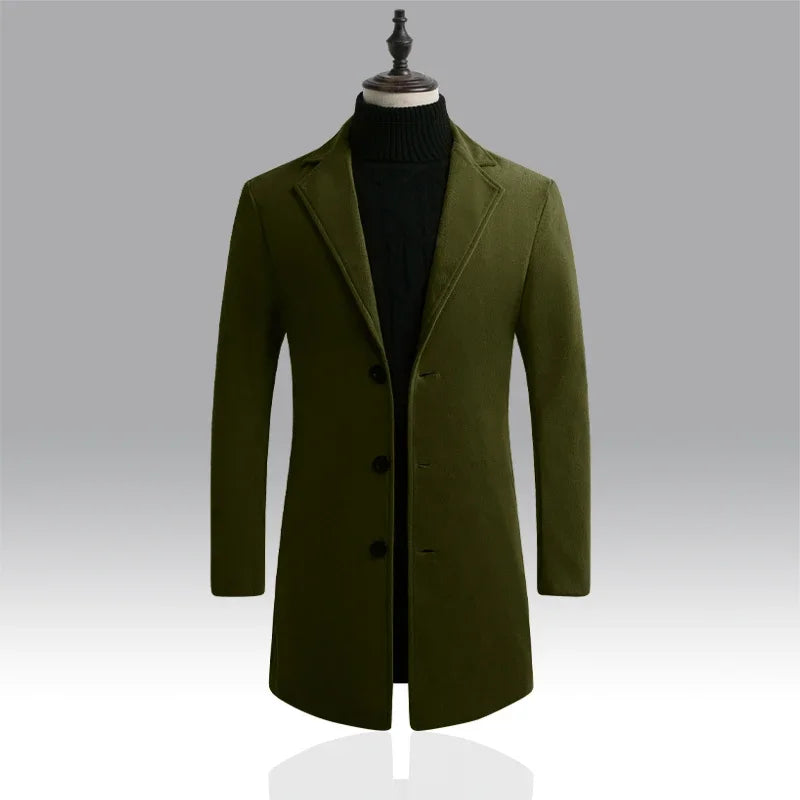 Long Cotton Coat New Wool Blend Jacket Spring Autumn Pure Color Casual Business Fashion Men's Clothing Slim Windbreaker