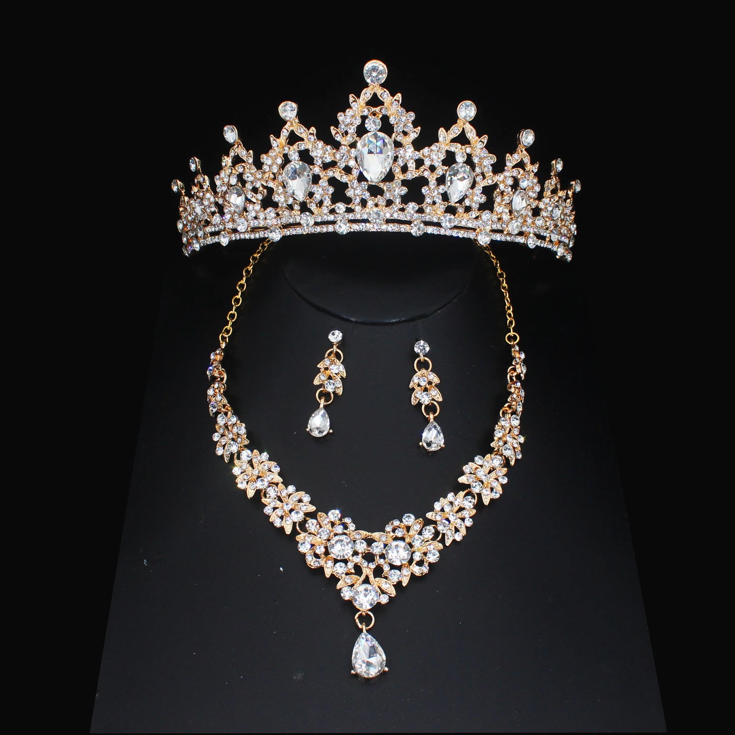 Crystal Wedding Bridal Jewelry Sets Women/Girl Gold Color Tiara/Crown Earrings Choker Necklace Bride Jewelry Set