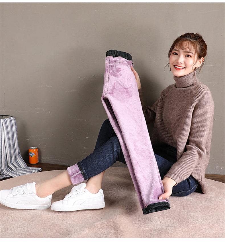 Women Jean Casual Thick Thermal  Winter New Skinny Stretch waist Jeans Fleece Pencil Pants Plush Warm Trousers