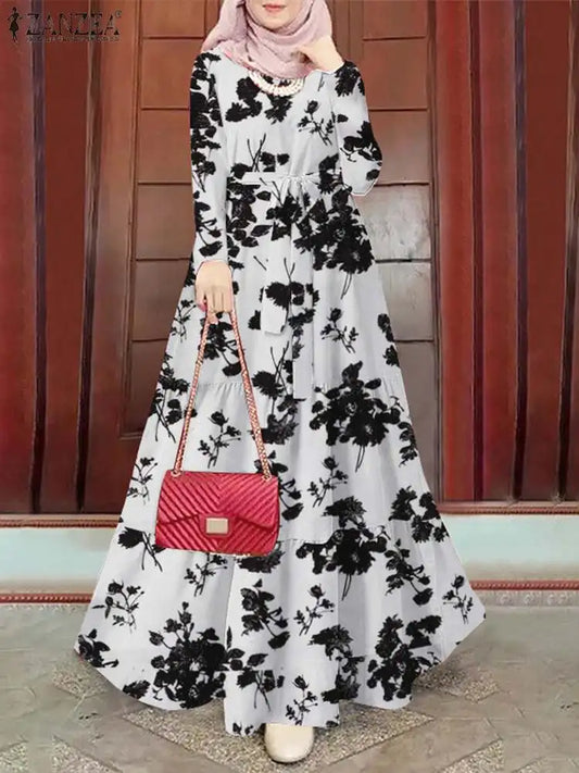 Women Muslim Abaya Long Dress ZANZEA Vintage Long Sleeve Floral Printed Sundress Marocain Eid Mubarek Ramadan Turkey Vestido