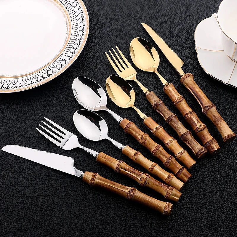 6/24 Pcs Bamboo Handle Stainless Steel Flatware Set with Knife, Fork, Spoon, and Luxury Cutlery Rack