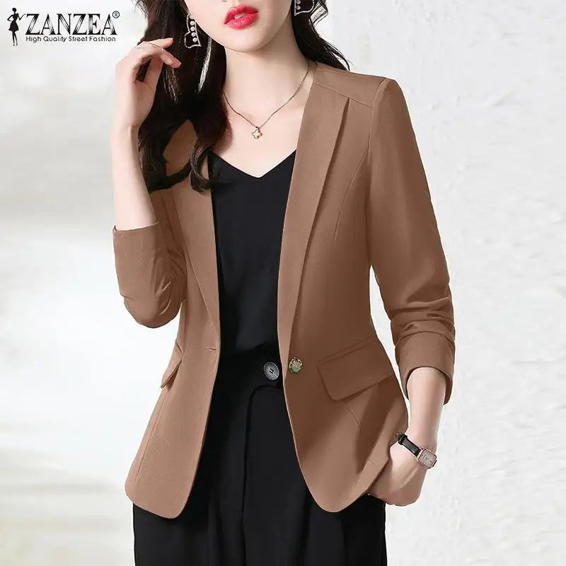 Women Blazer by ZANZEA Women Elegant OL Jackets Casual Slim Outwear Solid Lapel Neck Long Sleeve Work Thin Coats