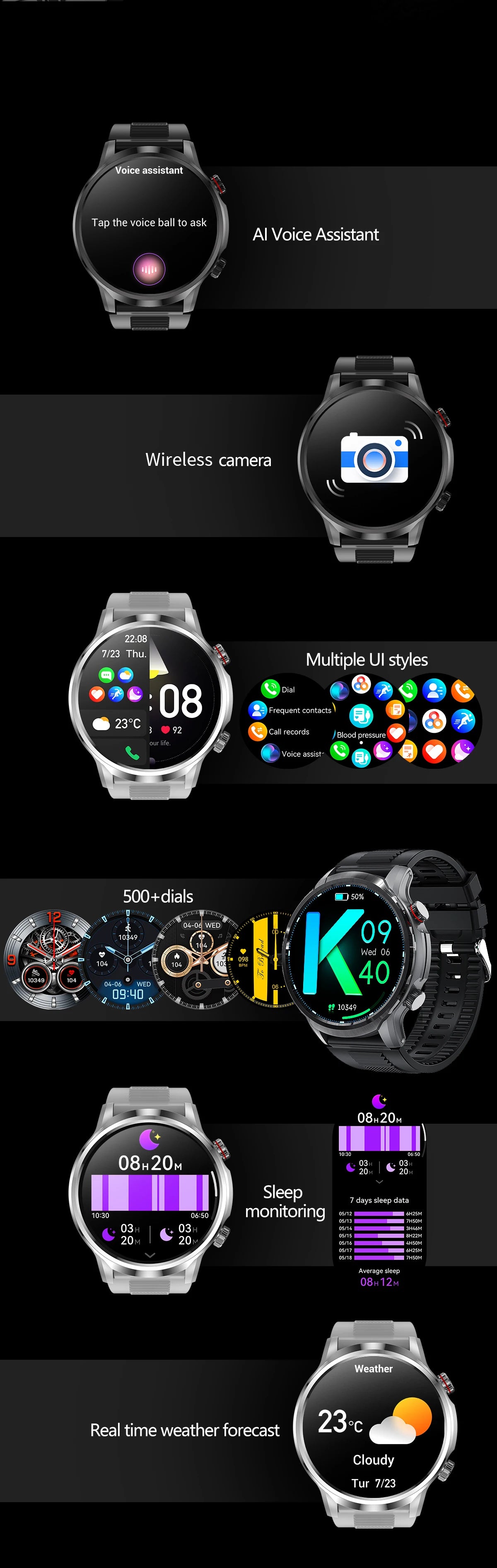 LIGE Smart Watch Large Screen Bluetooth Calling Health Monitoring 500mAh Large Battery AI Voice Men Smartwatch