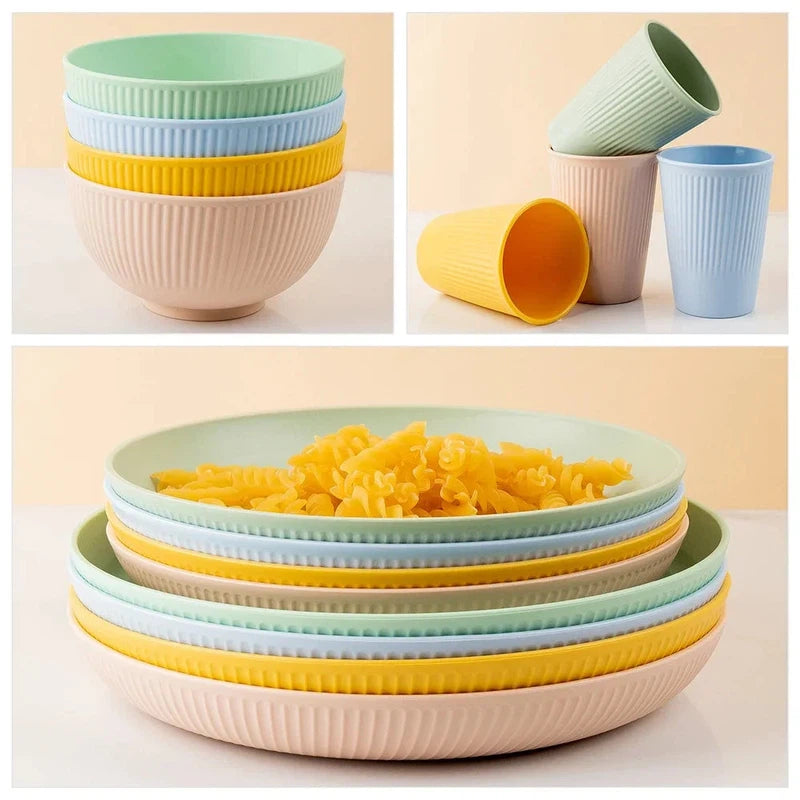 4-piece eco-friendly wheat straw tableware set including plates, bowls, and cups in pastel colors.