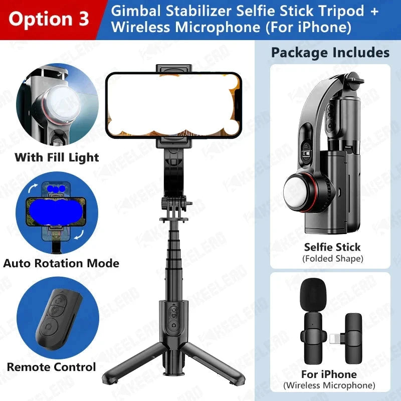 Gimbal stabilizer selfie stick tripod with fill light and Bluetooth remote for iPhone, extendable for smartphones with wireless microphone.