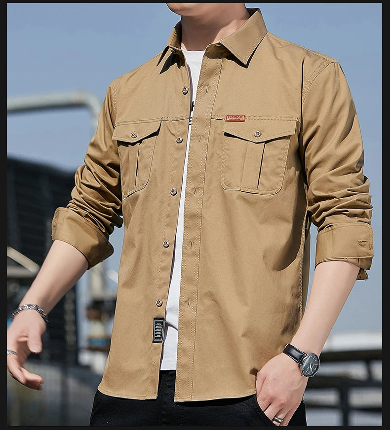 Men's Shirt Cotton New Cargo Style Long Sleeve Outdoor Casual High Quality Clothing