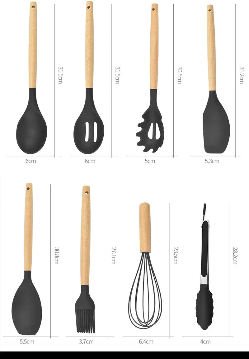 12PCS silicone non-stick kitchen utensils set with wooden handles, featuring spatulas and egg beaters.