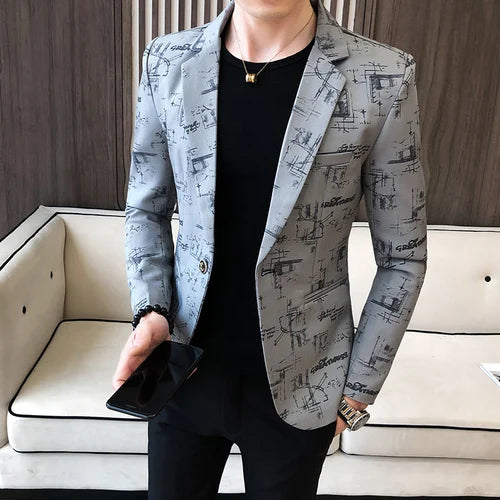 Men Blazer Spring Fashion High-quality Men Korean Version of The Printed Slim Formal Wedding Party Prom Suit Jacket