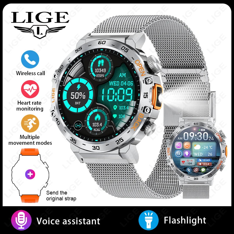 LIGE 2025 Smart Watch Men 360*360 AMOLED HD Screen Waterproof Sport Fitness Watches Flashlight