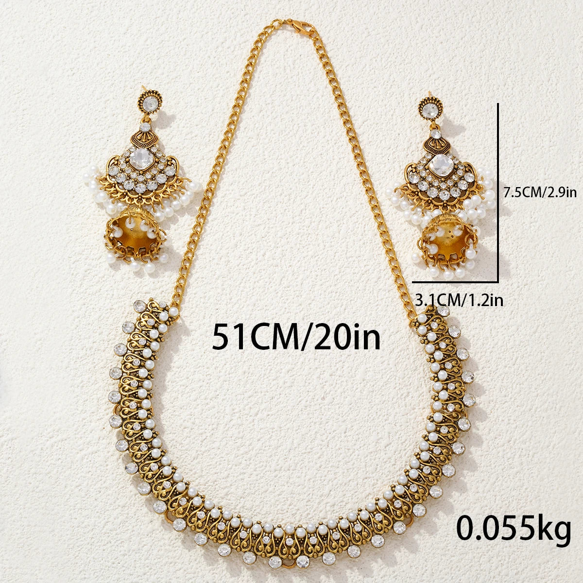 Bronze Pearl Beads Crystal Pendant Earrings Necklace Sets Bijoux Ethnic Rhinestone Bridle Jewelry Sets