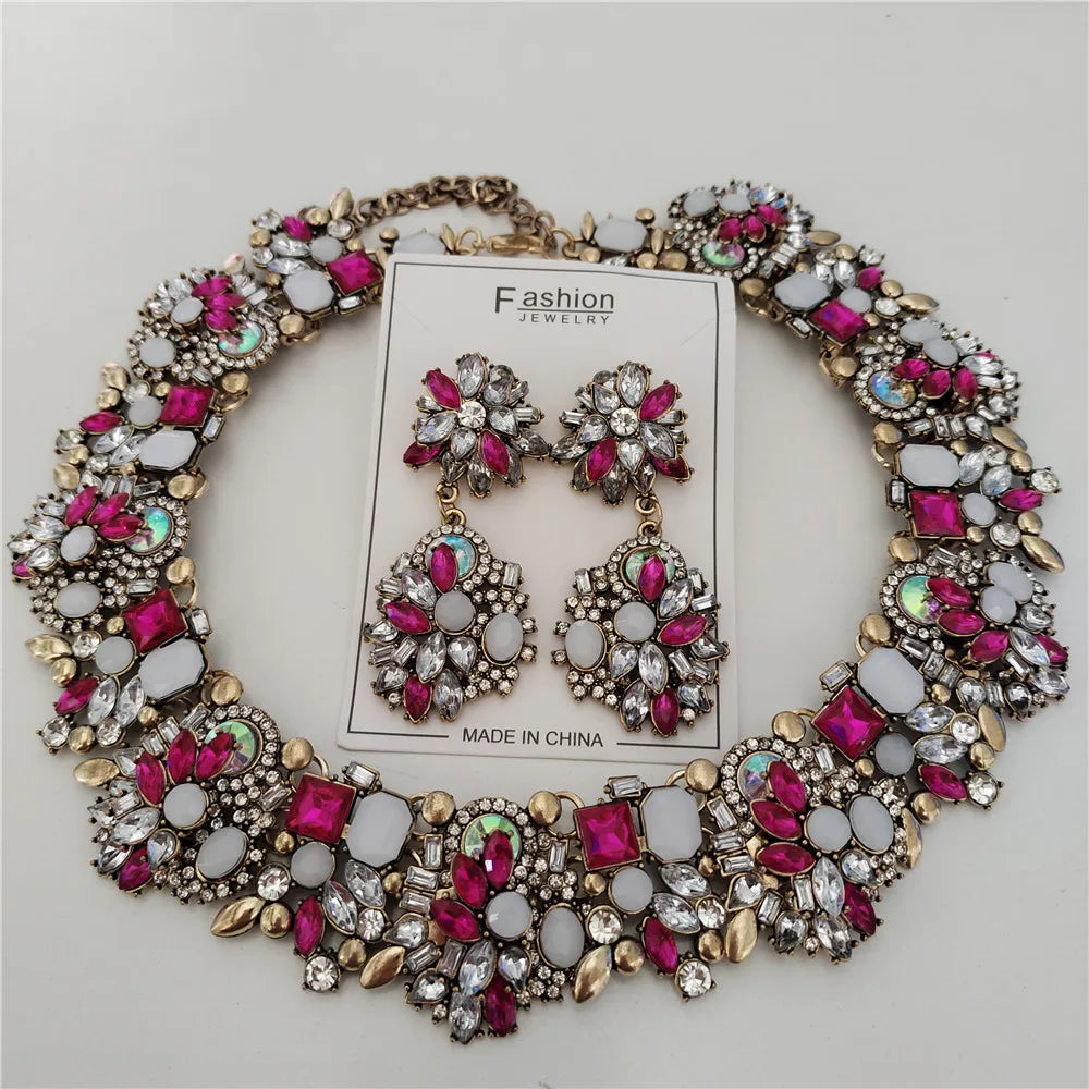 Crystal Rhinestones Necklace Earrings Bridal Jewelry Sets Big Choker Necklace