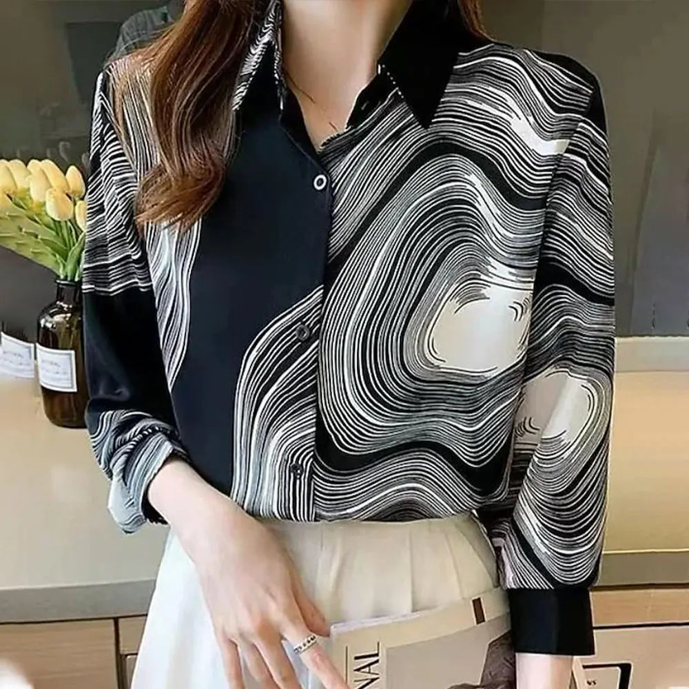 Women's Long Sleeve Shirt 3D Flower Printed Button Long Sleeve Tops Women's Blouse For Office Lady Clothing