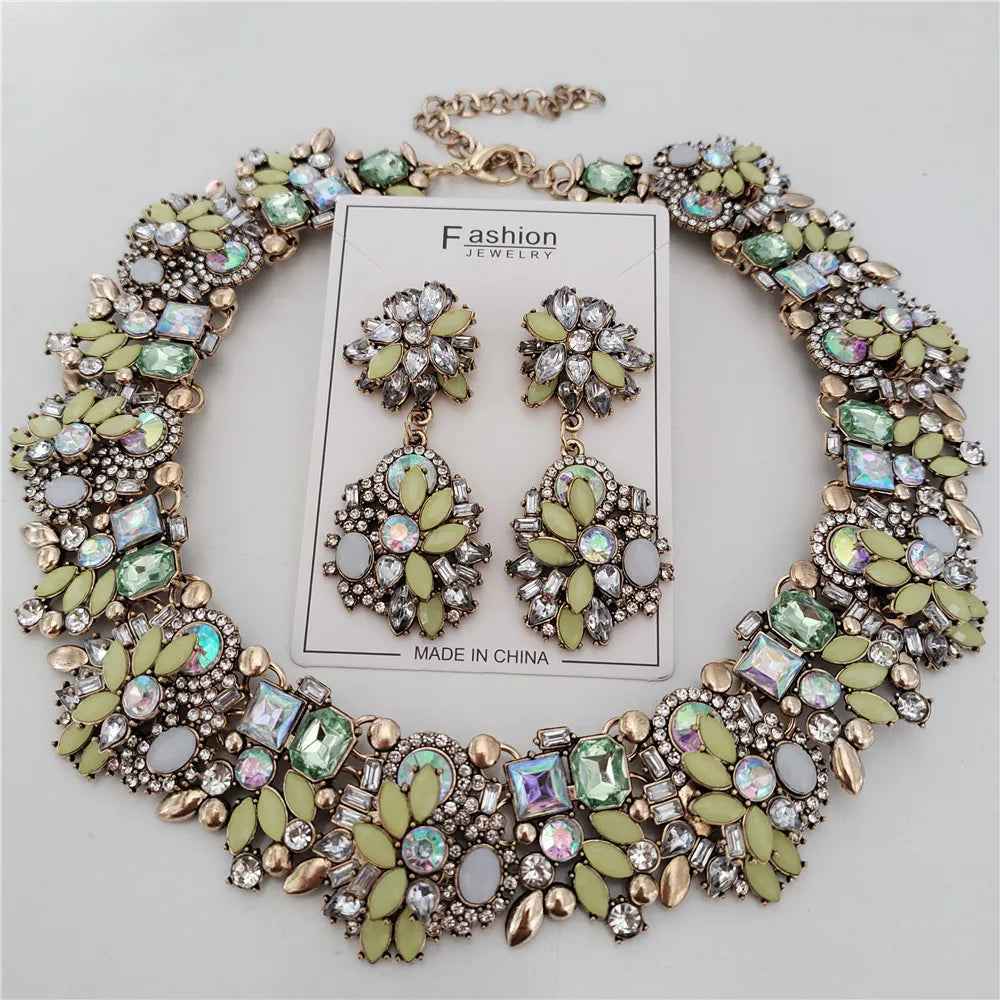 Crystal Rhinestones Necklace Earrings Bridal Jewelry Sets Big Choker Necklace
