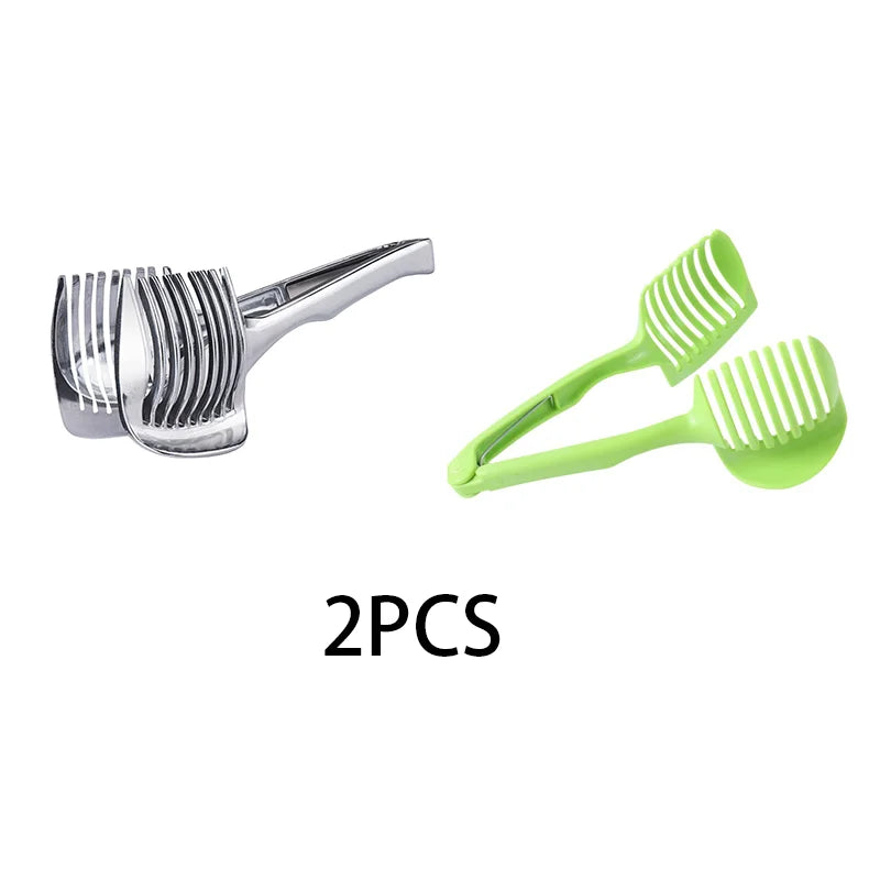 Stainless steel and green handheld slicers for tomatoes and citrus fruits.