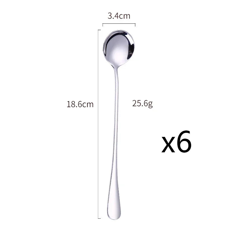 6Pcs stainless steel long handle cutlery set for coffee, tea, ice cream, and desserts.