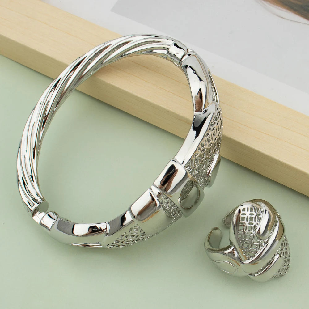 Gold Plated Cuff Bangle With Ring For Women Bracelet Jewelry Gift Hollow Out Design Bracelet