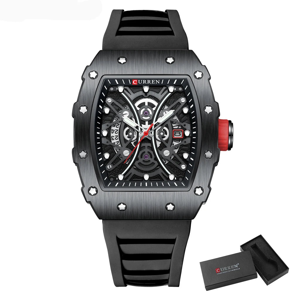 Men Quartz Watches CURREN 3D Stainless Steel Watches Waterproof Silicone Strap Wristwatch