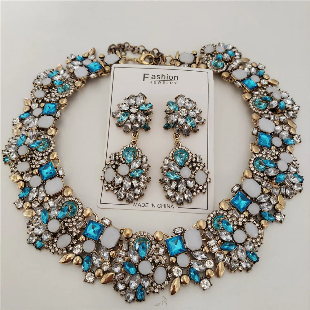 Crystal Rhinestones Necklace Earrings Bridal Jewelry Sets Big Choker Necklace