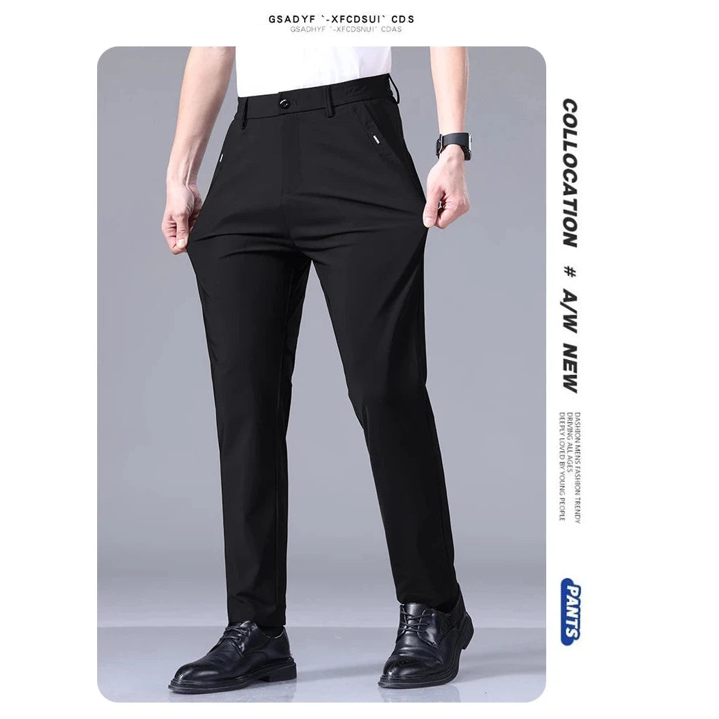 Men's Pants High Elastic Ultra-thin Casual Business Straight Slim Trousers Breathable Classic Black Gray Male Brand Pant