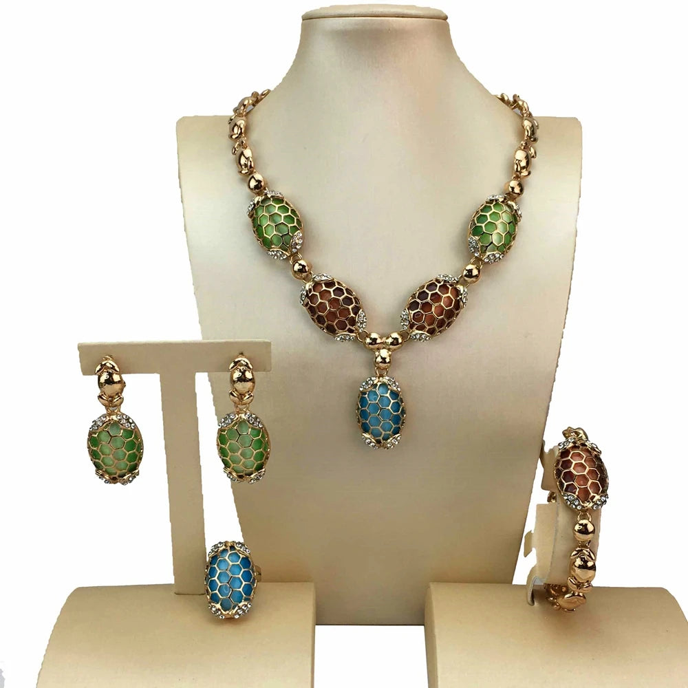 Gold-Plated Beads Necklace Earrings Bracelet Ring Sets Girls Birthday Gifts FHK17030