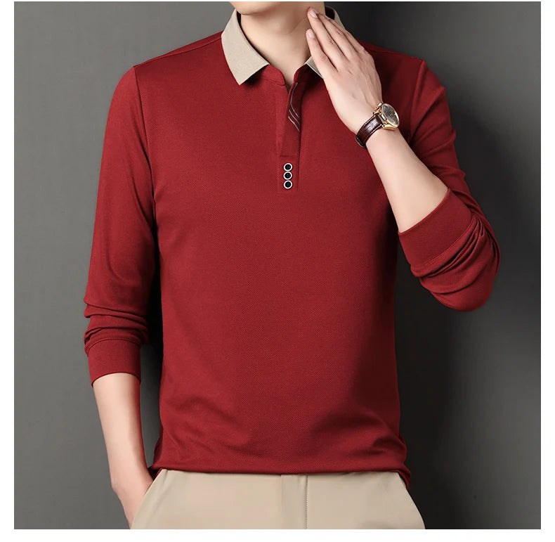 Men's Polo T-Shirt Casual Waffle Long Sleeve T-shirt Spring Autumn Elastic Lapel Base Shirt Top Brand Male Clothes