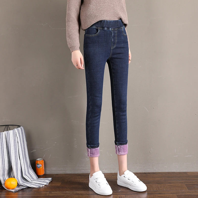 Women Jean Casual Thick Thermal  Winter New Skinny Stretch waist Jeans Fleece Pencil Pants Plush Warm Trousers