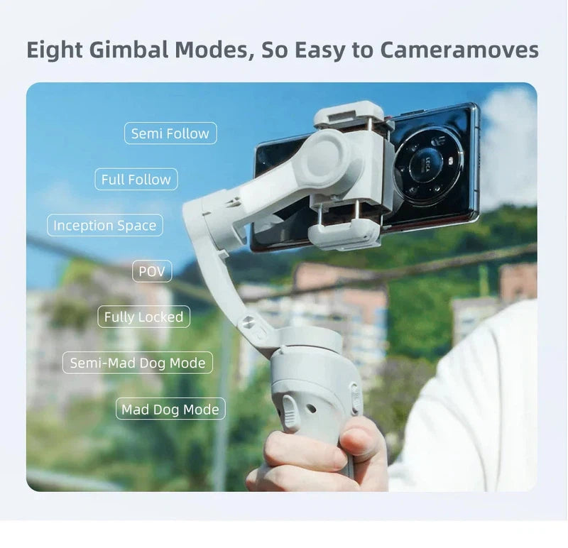 TOKQI M01 3-axis handheld gimbal phone holder with anti-shake stabilizer features eight gimbal modes.