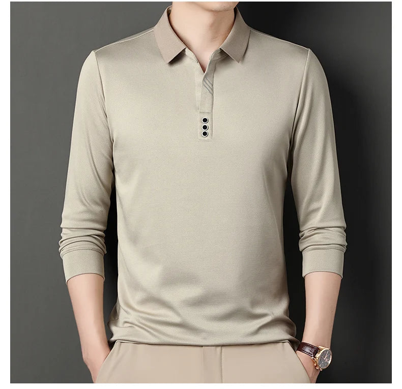 Men's Polo T-Shirt Casual Waffle Long Sleeve T-shirt Spring Autumn Elastic Lapel Base Shirt Top Brand Male Clothes