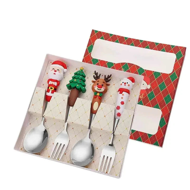 4-piece Christmas cutlery set with cartoon doll handles, includes stainless steel dessert spoons and forks, ideal gift set.