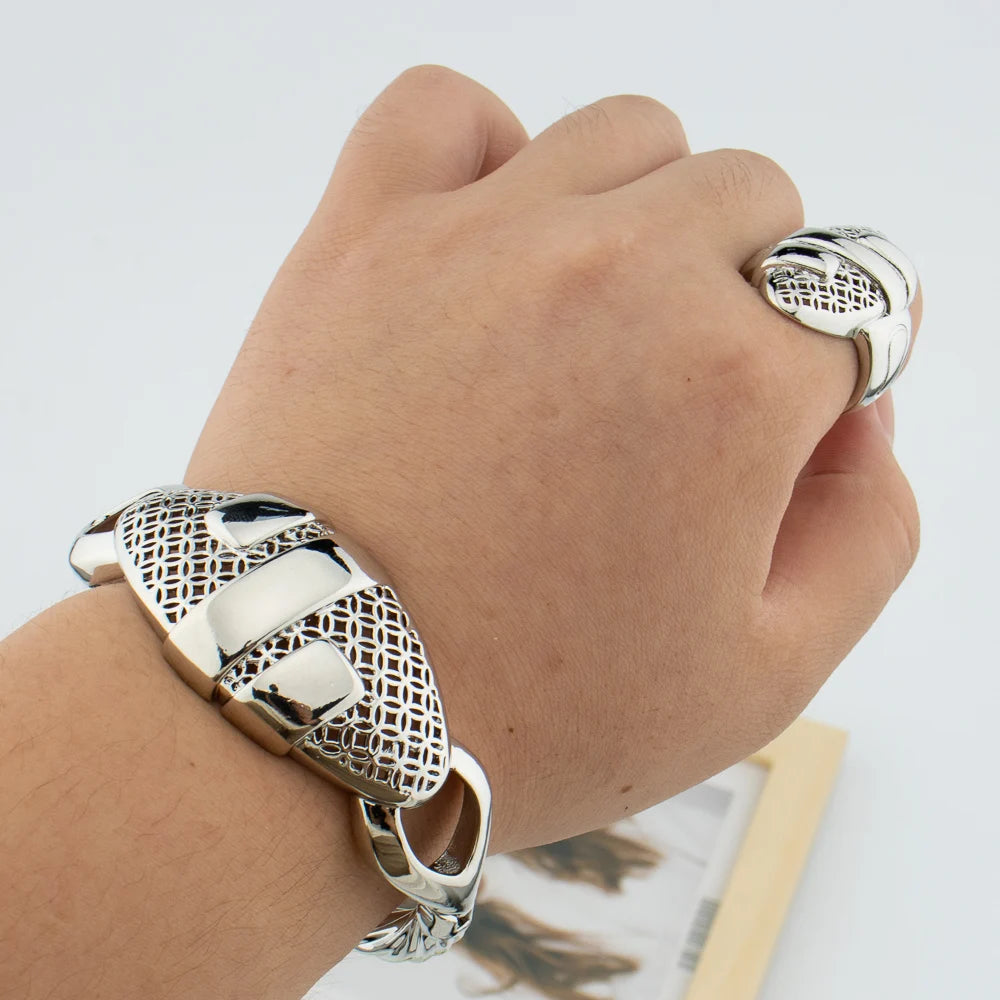 Gold Plated Cuff Bangle With Ring For Women Bracelet Jewelry Gift Hollow Out Design Bracelet